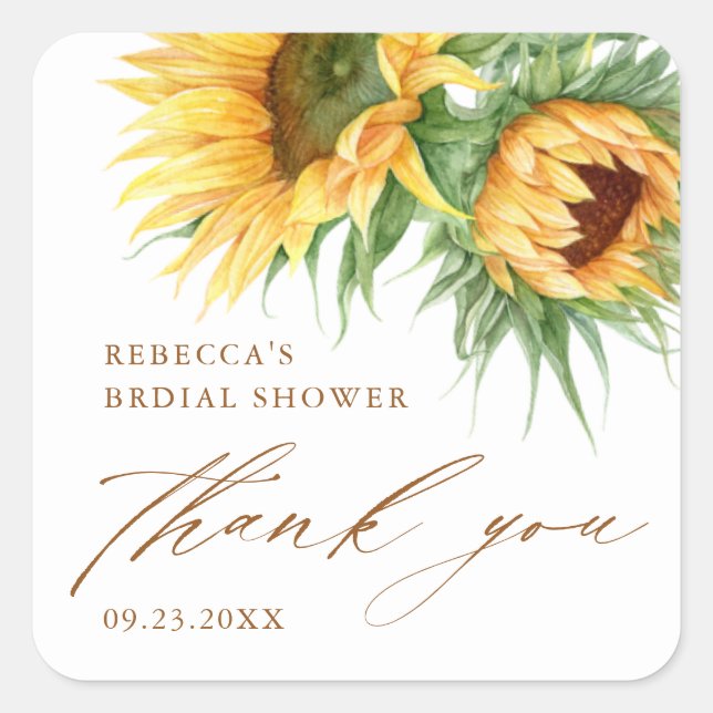Pegatina Cuadrada Rustic Sunflower Bridal Shower Gracias Por Favor (Anverso)