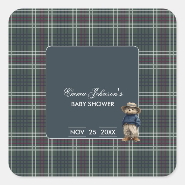 Pegatina Cuadrada Rustic Tartan Bear Baby Shower (Anverso)