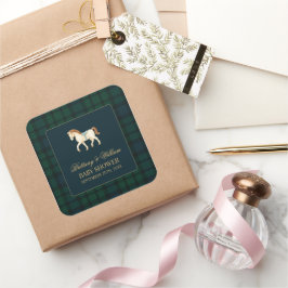 Pegatina Cuadrada Rustic Tartan Plaid Horse Baby Shower 