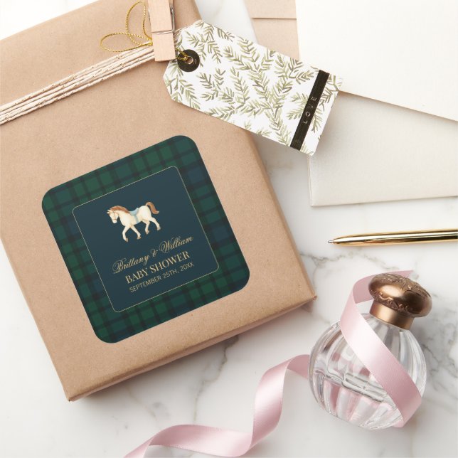 Pegatina Cuadrada Rustic Tartan Plaid Horse Baby Shower  (Regalar)
