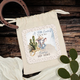 Pegatina Cuadrada Rustic Western Elephant Cowboy Boy Baby Shower