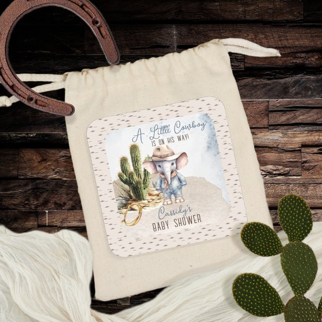Pegatina Cuadrada Rustic Western Elephant Cowboy Boy Baby Shower (Rustic Western Elephant Cowboy Boy Baby Shower Favor Stickers)