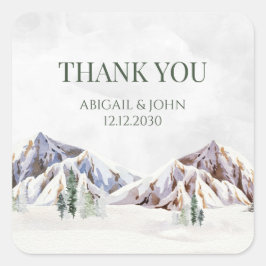 Pegatina Cuadrada Rustic Winter Mountain Thank You Wedding Favor Tag