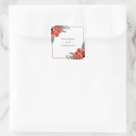 Pegatina Cuadrada Rustic Winter Poinsettia Red Christmas Wedding