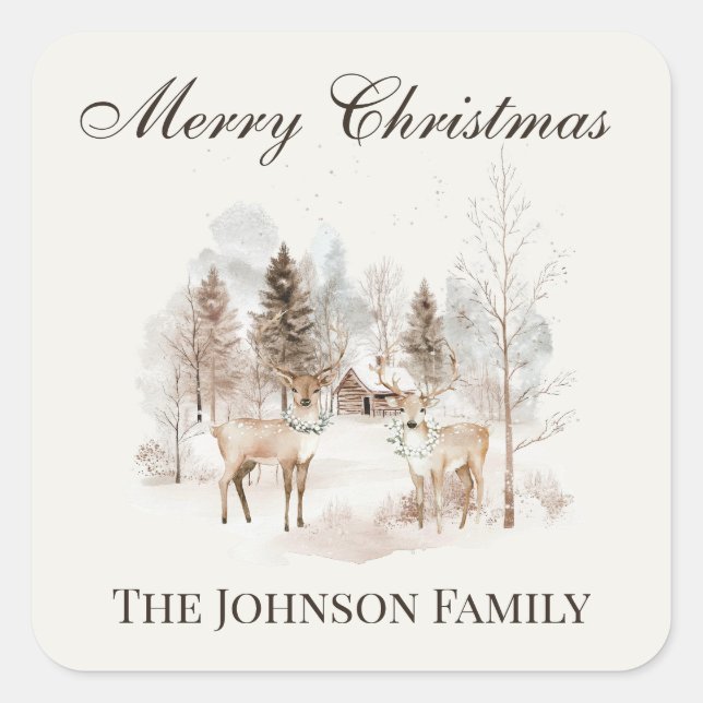 Pegatina Cuadrada Rustic Winter Watercolor Deer Merry Christmas (Anverso)