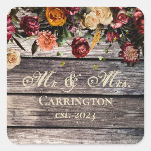 Pegatina Cuadrada Rustic Wood Floral Mr & Mrs Boda
