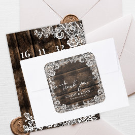 Pegatina Cuadrada Rustic Wood Lace Floral Wedding Thank You