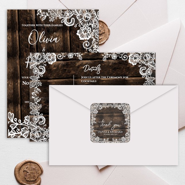 Pegatina Cuadrada Rustic Wood Lace Floral Wedding Thank You (Rustic Wood Lace Floral Wedding Thank You Square Sticker)