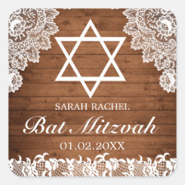 Pegatina Cuadrada Rustic Wood & White Lace Bar Bat Mitzvah