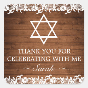 Pegatina Cuadrada Rustic Wood & White Lace Bar Bat Mitzvah Gracias