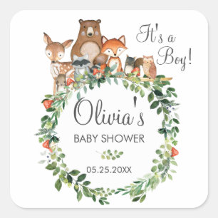Pegatina Cuadrada Rustic Woodland Animal Baby Shower te agradece