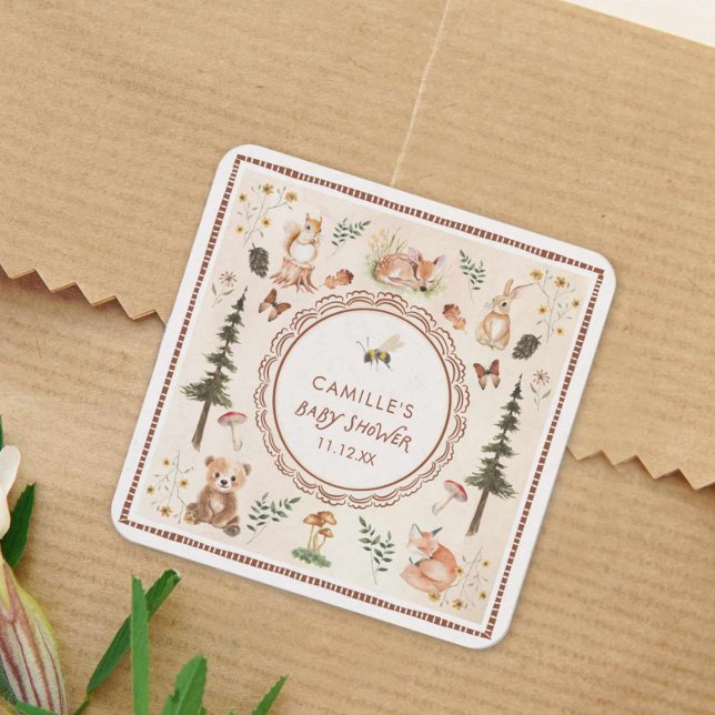 Pegatina Cuadrada Rustic Woodland Baby Shower (Forest Creatures Baby Shower Sticker)