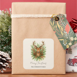 Pegatina Cuadrada Rustic Woodland Deer Head with Winter Foliage - 