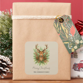 Pegatina Cuadrada Rustic Woodland Deer Head with Winter Foliage - 