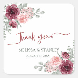 Pegatina Cuadrada Rústica Borgoña Marsala y Boda floral rosa