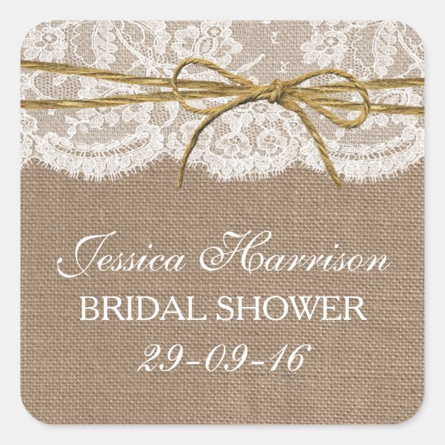 Pegatina Cuadrada Rústica Burlap, Lace & Twine Bow Bridal Shower (Anverso)
