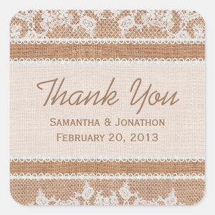 Pegatina Cuadrada Rústica Burlap y Boda de White Lace Gracias