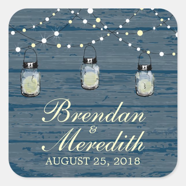 Pegatina Cuadrada Rústica cadena de luces Mason Jar (Anverso)