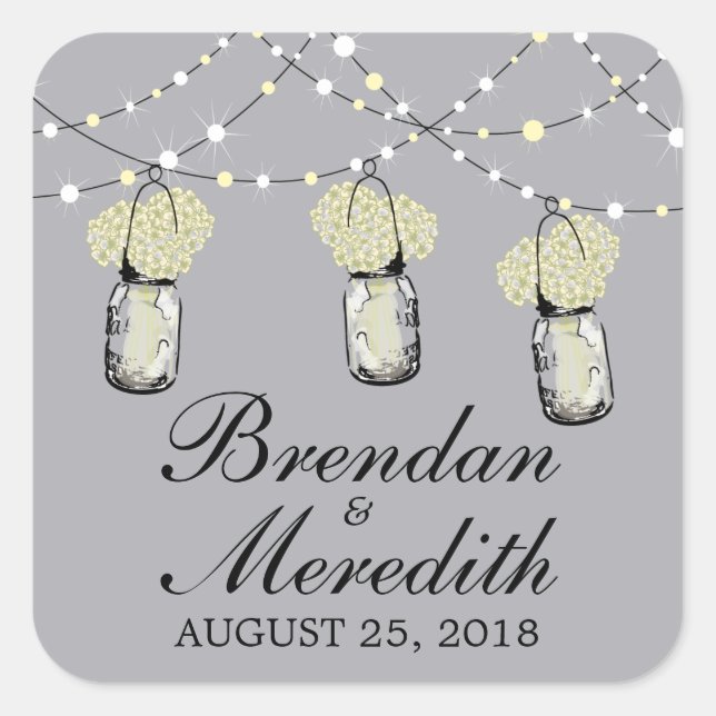 Pegatina Cuadrada Rústica cadena de luces Mason Jar (Anverso)