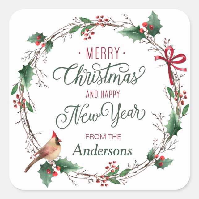 Pegatina Cuadrada Rústica corona de cerezo con pájaro personalizado (Anverso)