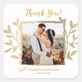Pegatina Cuadrada Rústica del oro Gracias Boda Foto Pareja