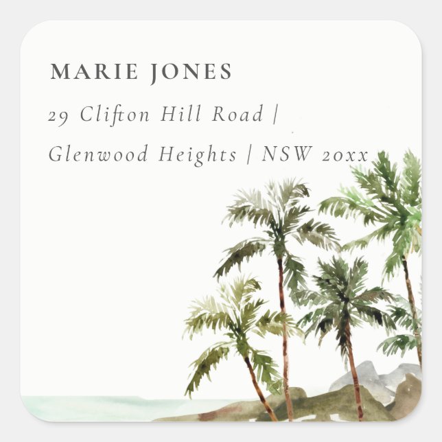 Pegatina Cuadrada Rústica dirección de arena tropical de palmeras (Anverso)