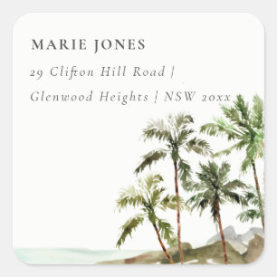 Pegatina Cuadrada Rústica dirección de arena tropical de palmeras
