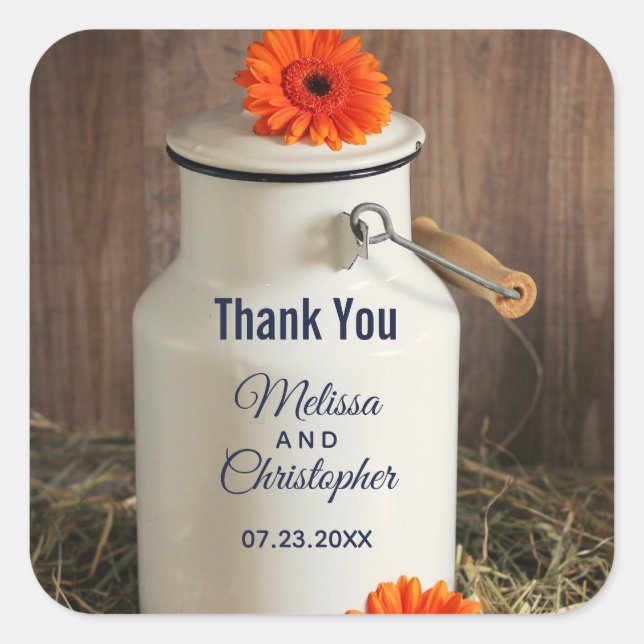 Pegatina Cuadrada Rústica lechera blanca con Boda de flores (Anverso)