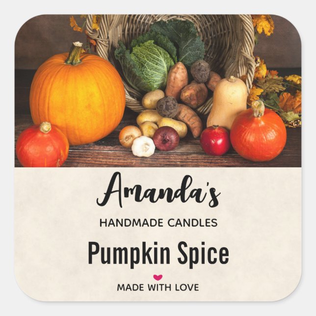Pegatina Cuadrada Rústica mesa de acción de gracias calabaza negocio (Anverso)