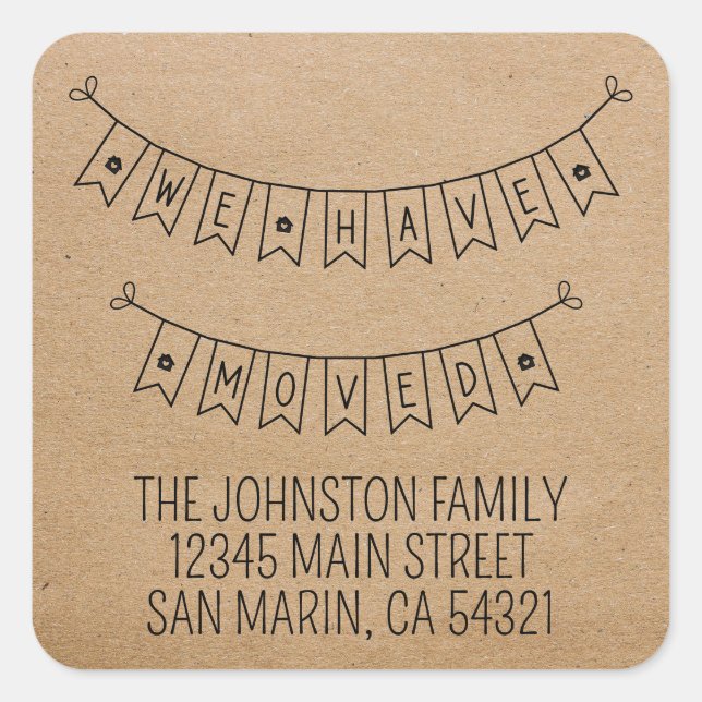 Pegatina Cuadrada Rústica, nos hemos mudado de nuevo hogar (Anverso)