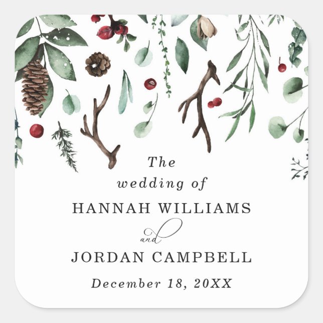 Pegatina Cuadrada Rústica vegetación de invierno Navidades rojos Ber (Anverso)