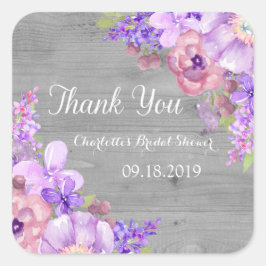 Pegatina Cuadrada Rústica Wood Purple Floral Bridal Shower Favorito 
