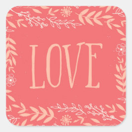 Pegatina Cuadrada Rústico amor floral | Naranja rosado