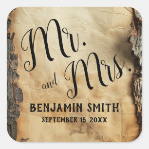Pegatina Cuadrada Rústico Bark Vintage Parchment Favor de la boda