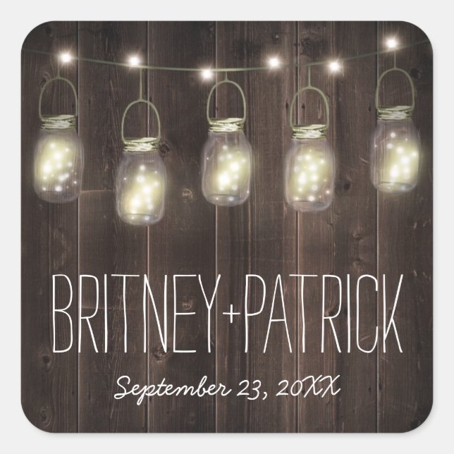 Pegatina Cuadrada Rústico Barn Wood Mason Jar Favoritos de boda (Anverso)