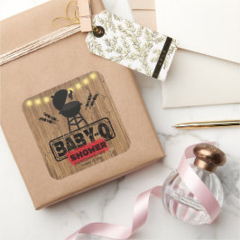 Pegatina Cuadrada Rústico BBQ-Baby Grill Baby Shower