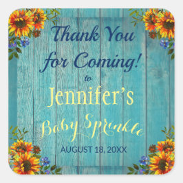 Pegatina Cuadrada Rústico Blue Sunflower Baby Sprinkle Gracias