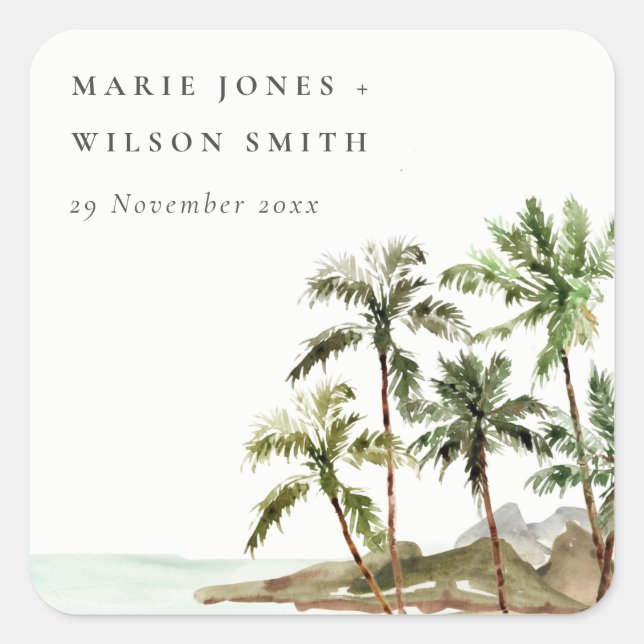 Pegatina Cuadrada Rústico Boda de arena de palmeras tropicales (Anverso)