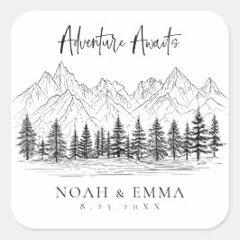 Pegatina Cuadrada Rústico Boda de bosquejo de montaña Woodland Pine