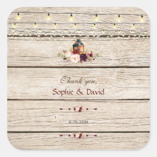 Pegatina Cuadrada Rústico Boda del antiguo granero de la flor borgoñ