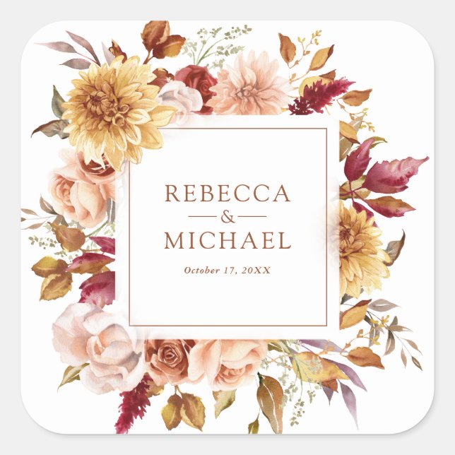 Pegatina Cuadrada Rústico Boda floral de Terracota Borgoña (Anverso)