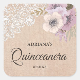 Pegatina Cuadrada Rústico Burlap Lace Floral Rosa Quinceanera Pegati