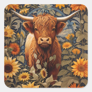 Pegatina Cuadrada Rústico campo Highland Cow Sunflowers
