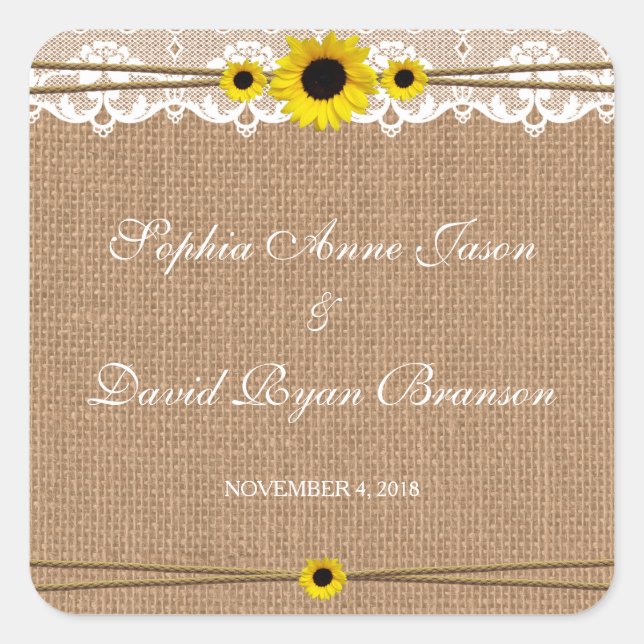 Pegatina Cuadrada Rústico, flor de sol, Boda Burlap (Anverso)