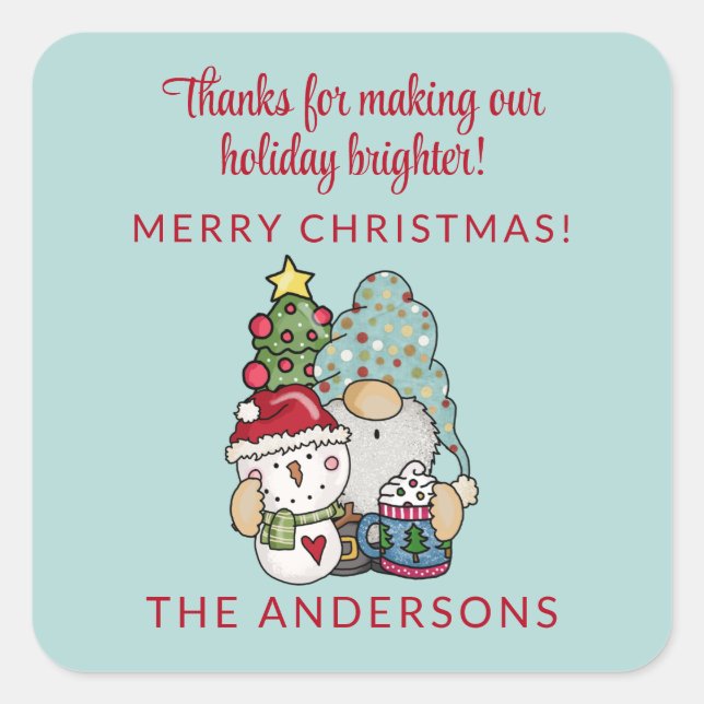 Pegatina Cuadrada Rústico Gnome Feliz Fiesta de Navidad Favor (Anverso)