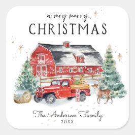 Pegatina Cuadrada Rústico granero de invierno vintage camionero rojo