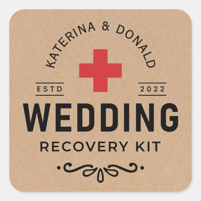Pegatina Cuadrada Rústico Kraft Boda Hangover Recovery Kit Classi (Anverso)