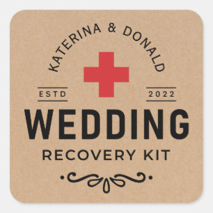 Pegatina Cuadrada Rústico Kraft Boda Hangover Recovery Kit Classi