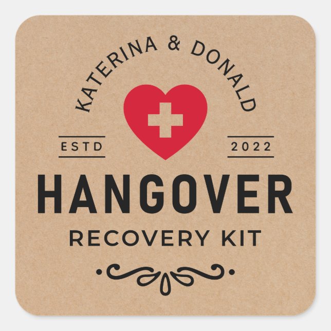 Pegatina Cuadrada Rústico Kraft Boda Hangover Recovery Kit Classi (Anverso)