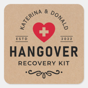 Pegatina Cuadrada Rústico Kraft Boda Hangover Recovery Kit Classi